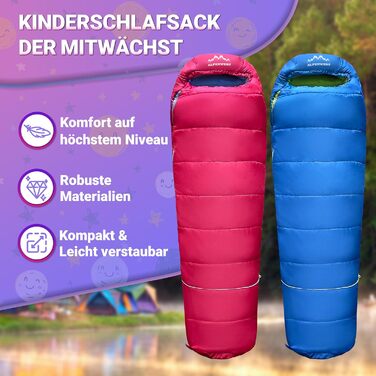 Дитячий спальний мішок Alpenwert® для літа – росте разом з дитиною! [130–170 см] – Вага 920 г, компактний [32×19 см] – Ідеально для кемпінгу, фестивалів, відпочинку на природі – Спальний мішок-кокон від 6 років (блакитний/неоновий жовтий)