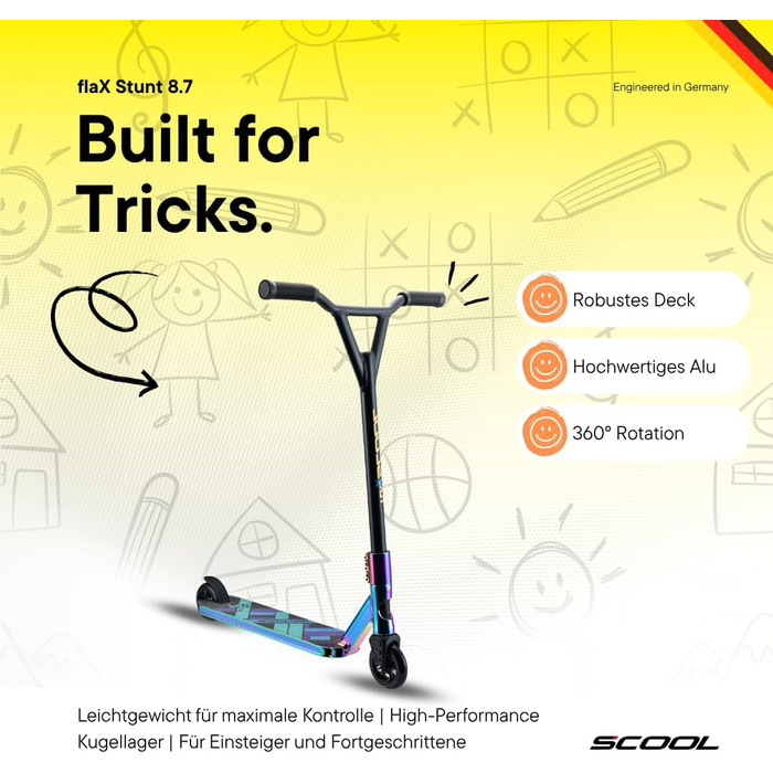S'COOL Скутер для трюків – Флакс, для дітей та підлітків, від 6 років, кольоровий