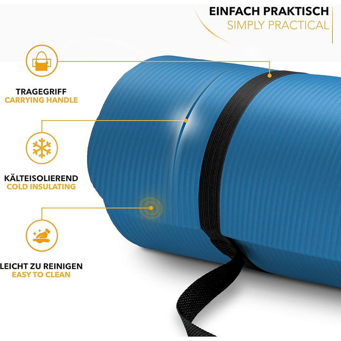 Гимнастичний килимок TRESKO для пілатесу та фітнесу, протиковзний, без фталатів, з ременем для перенесення, синій, 185x60x1.0 см