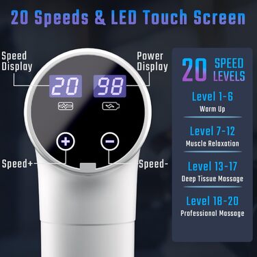 Електрична масажна пістолета з підігрівом, 20 швидкостей, 10 насадок, LED-дисплей, тиха робота (білий)