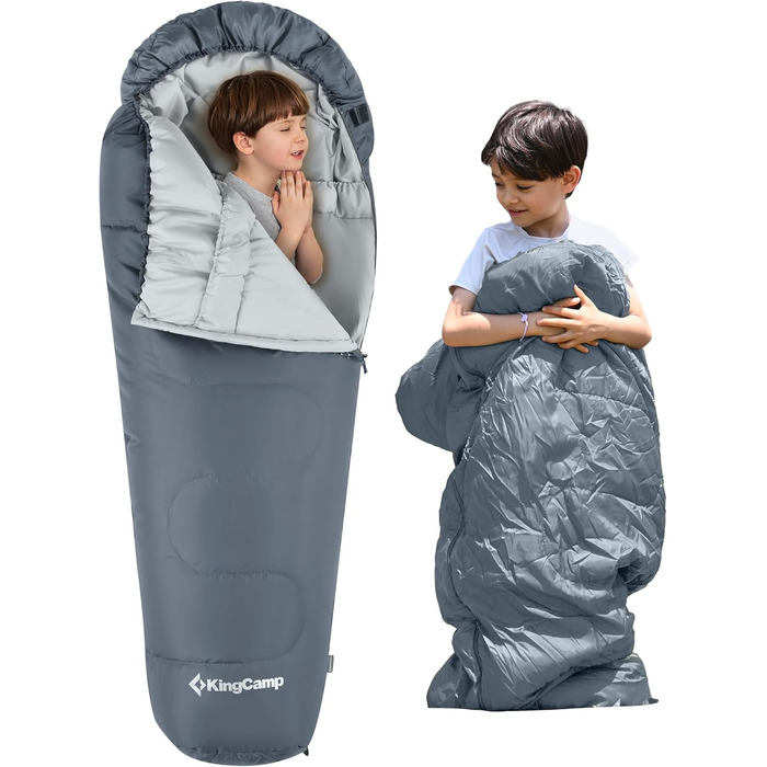 Сплячий мішок KingCamp для дітей та дорослих, 3-4 сезони, двошаровий, теплий, сірий, для кемпінгу та походів, 165x70x45 см