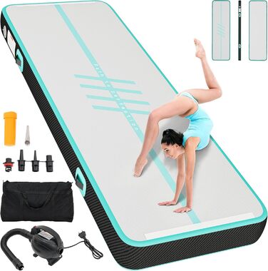 Накидка-мат для гімнастики DWVO Air Matte Track, 3/4M, 4M з вуглецевим волокном, стильний дизайн з повітряним насосом 10см, для тренувань, акробатики, йоги, активного відпочинку та фітнесу, зелений колір, покращений шрифт (чорний шрифт, 4M)