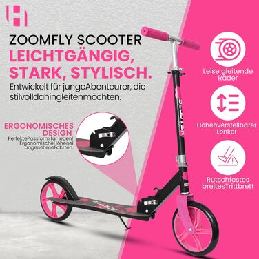 Дитячий ролер Habib Kickroller – складний, регульована висота, великі колеса, до 80 кг, для міста (рожевий)