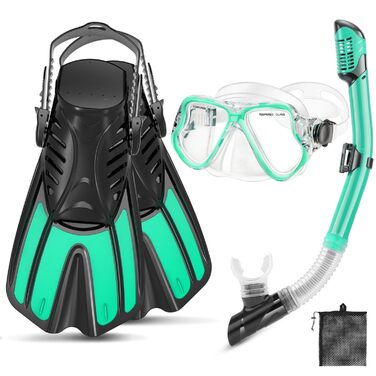 Набір для снорклінгу: маска, ласти, трубка Dry Top, великий/дуже великий, блакитний/прозорий