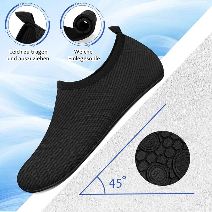 Чоботи для плавання жіночі та чоловічі, аквашузи, шкарпетки для плавання, пляжні чоботи, легкі серфові чоботи, швидковисихаючі, неслизькі, для водного спорту, чорні смужки, 36/37 EU