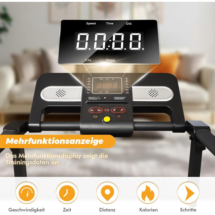 Бігова доріжка RAOO MIN для дому, 1-12 км/год, 2.5HP, складаний, з пультом/LED, підставка для iPad/телефону, Bluetooth, чорний