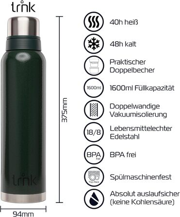 Термос trnk Outdoor polar 2, 1600 мл, нержавіюча сталь, BPA-free, з 2 чашками, зберігає тепло 40 годин, для напоїв, зелений, для туризму, можна мити в посудомийній машині