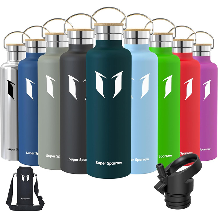 Фляга Super Sparrow з нержавіючої сталі - 350мл/500мл/620мл/750мл/1л - Термос-фляга, без BPA, для дітей, спорту, школи, фітнесу, з 2 кришками (1000 мл, нефрит)