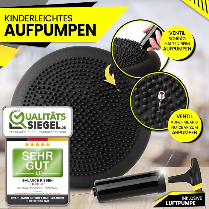 Балансувальна подушка Dunlop Sports для спини, ортопедична, з насосом, 35×7 см, до 450 кг, чорна, спеціальні масажні виступи
