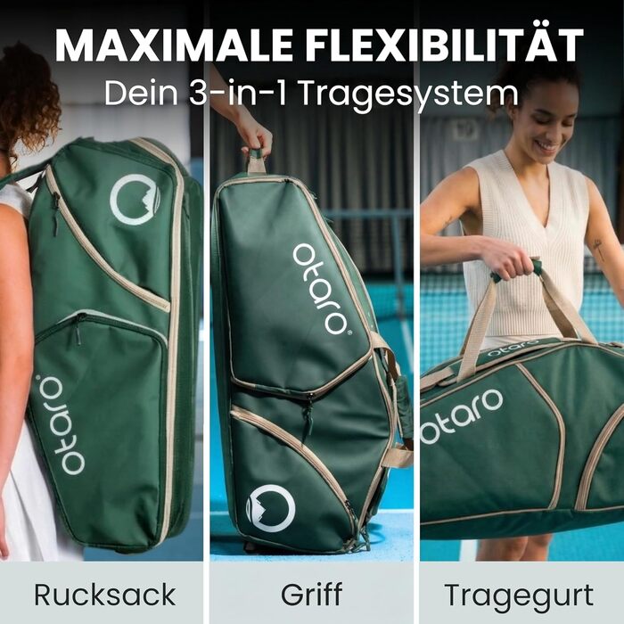 Сумка для тенісу Otaro Tennistasche 82L: Термосумка для 4 ракеток, відділення для взуття та охолодження, відділення для ноутбука, водостійка, зелена
