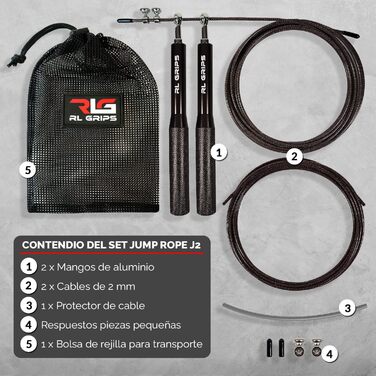 Скакалка для кросфіту RL Grips® з алюмінієвого сплаву з неслизькою ручкою - Скакалка з тросом 2 мм - Скакалка для кардіо, фітнесу, тренажерного залу, чорна (скакалка + запасні частини)