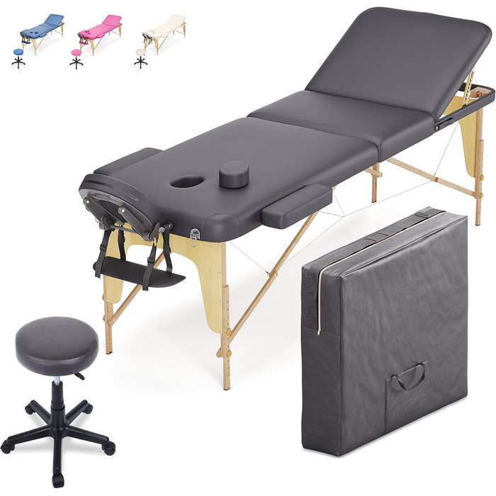 Мобільний масажний стіл Beltom® з 3 зонами, складний + табурет для косметології - рожевий (чорний)