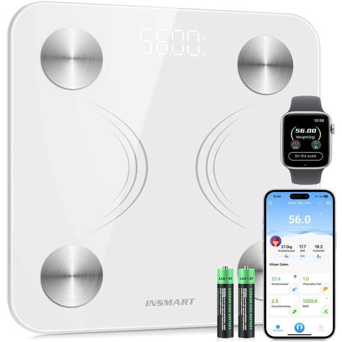INSMART Розумні ваги для людей з Bluetooth, вимірюванням ІМТ, жиру, пульсу, м'язової маси, води, білка, скелетних м'язів, кісткової маси, BMR