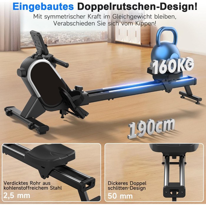 Гребний тренажер CHAOKE для дому, тихий магнітний, з App, 16 рівнів опору, стабільний, до 160 кг, чорний