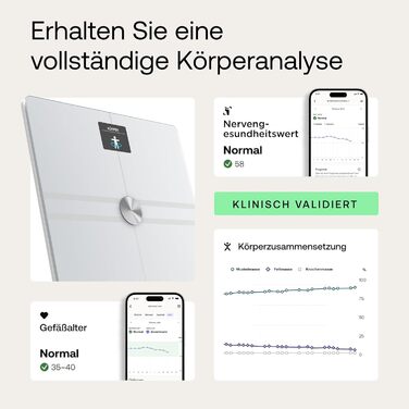 Розумні ваги WITHINGS Body Comp з Wi-Fi та Bluetooth, повний аналіз тіла: вимірювання жиру, м’язової маси, кісткової щільності, вісцерального жиру, електронна вага для дорослих, білий колір