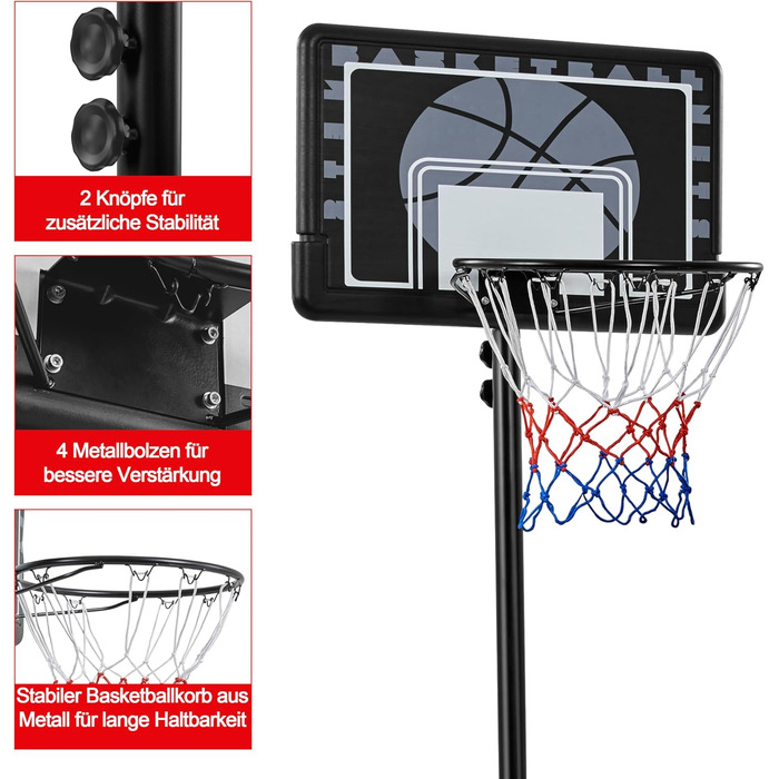 Баскетбольне кільце Yaheetech з регульованою висотою на стійці з колесами для вулиці та приміщення (76,5x56,5x249 см)