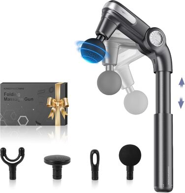 Масажер для тіла KingPavonini з висувним руків'ям та відкидним голівкою: масажна пістолета для спини з 3 кутами налаштування та 4 насадками, подарунок для чоловіків та жінок (сірий)