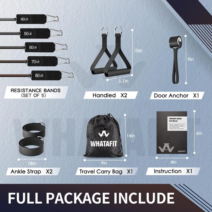 Набір еластичних стрічок WHATAFIT для фітнесу та реабілітації, з дверним кріпленням, ручками та сумкою, для чоловіків та жінок (сірий)