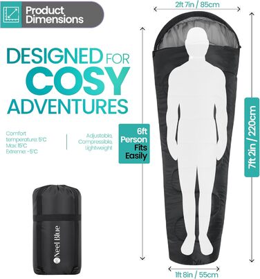 Спальний мішок Mumienschlafsack для дорослих - легкий, компактний, водонепроникний з капюшоном, 220x85 см. Підходить для кемпінгу, походів та подорожей (Чорний)