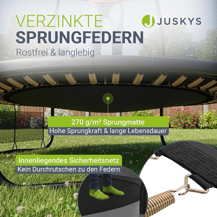 Батут Juskys SkyBounce – Ø 228/305/366 см, Outdoor, з сіткою безпеки, сходами та пружинами PowerSpring