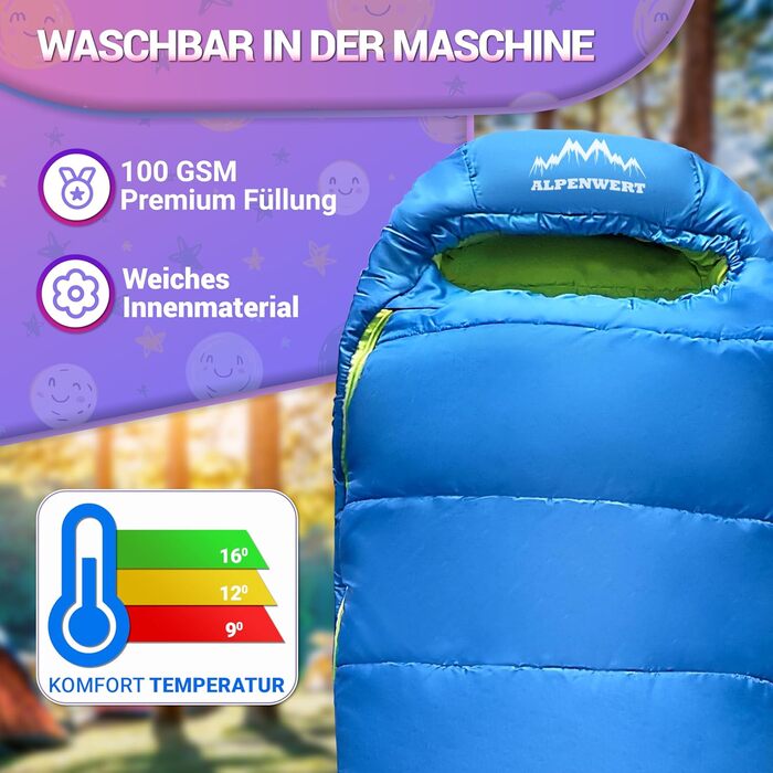 Дитячий спальний мішок Alpenwert® для літа – росте разом з дитиною! [130–170 см] – Вага 920 г, компактний [32×19 см] – Ідеально для кемпінгу, фестивалів, відпочинку на природі – Спальний мішок-кокон від 6 років (блакитний/неоновий жовтий)
