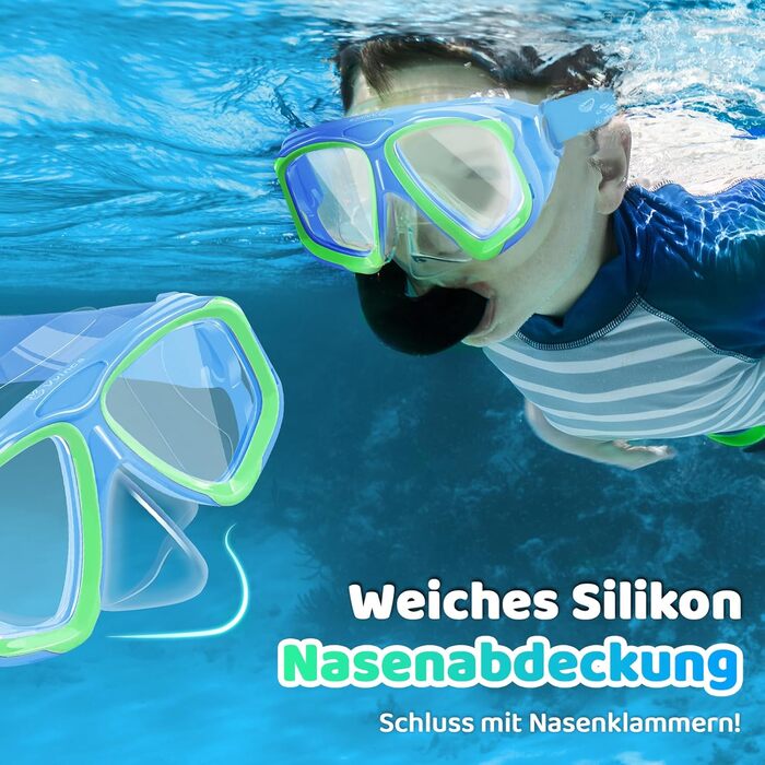 Дитячі окуляри для плавання Vvinca з захистом носа та текстильним ремінцем, ударостійкі, проти запотівання та водонепроникні, для дітей 3–14 років (03-Blue Green)