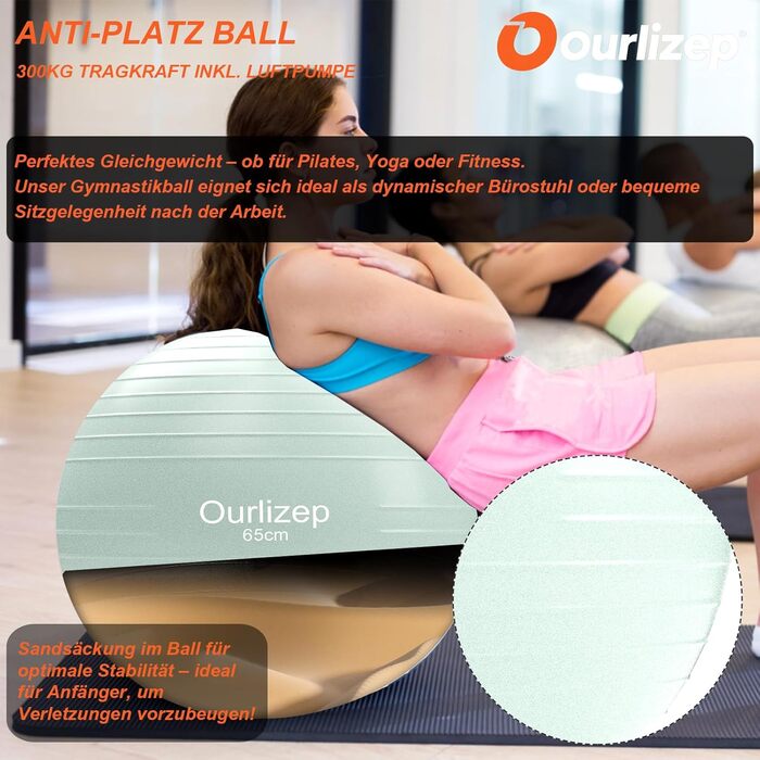 Гімнастичний м'яч для фітнесу, йоги та тренувань: 55-65 см, зелений. В комплекті насос.