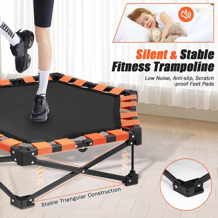 Міні-трамплін складний, вантажопідйомність 150 кг, портативний тренажер-відскочистий трамплін з регульованою ручкою з піни 41/42/45 дюймів, для дорослих та дітей, чорний/оранжевий