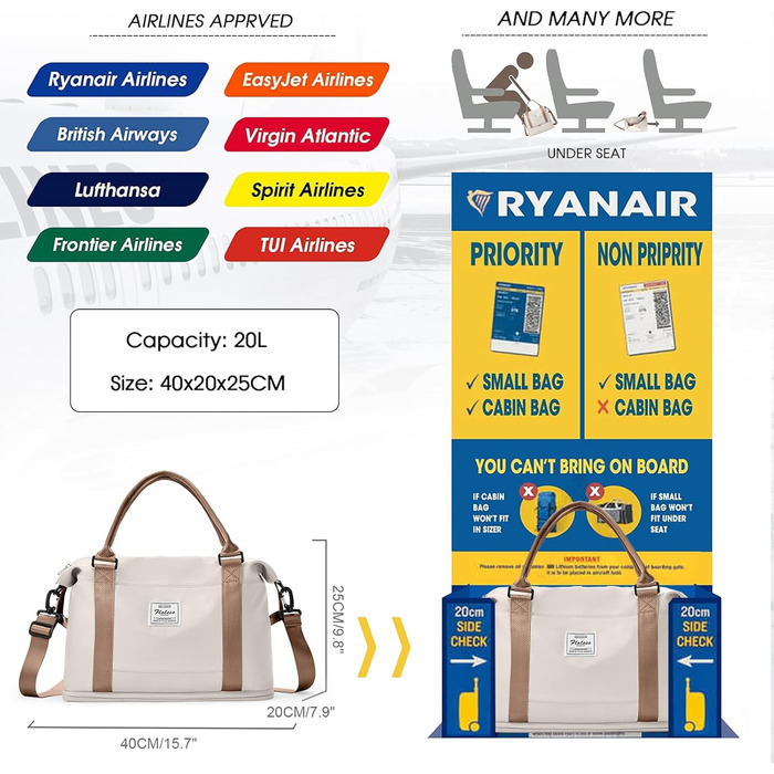Дорожня сумка для жінок 40x20x25 см водонепроникна, ручна поклажа Ryanair, спортивна сумка з відділенням для взуття, бежево-коричнева