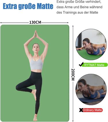 Килимок для йоги XXL 200x130 см: фітнес-мат з NBR, товщина 20/15/10 мм. Підходить для йоги, фітнесу, занять з дітьми та для людей похилого віку. Зелений, товщина 20 мм