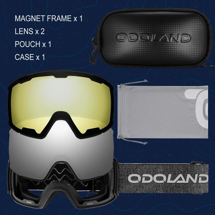 Одоланд Скі-маска для сноуборду та лиж для жінок та чоловіків з 2 змінними лінзами та чохлом, антитуманне покриття, захист від УФ-променів, сумісна з шоломом, для хлопчиків та дівчаток, чоловіків та жінок, темно-сріблястий (VLT 15%)