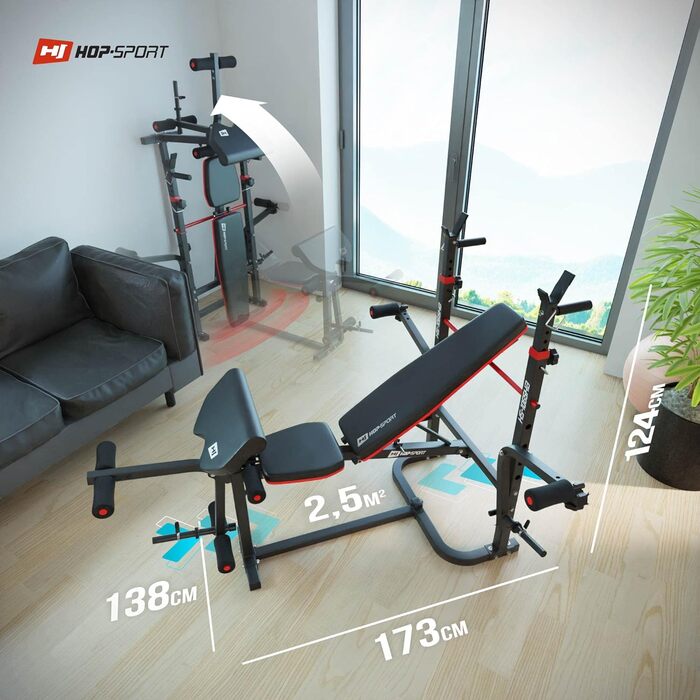 Складана лавка для жиму Hop-Sport HS-1065 з латтягом, стійкою для штанги, партою для біцепса і батерфляєм, регульована тренувальна лавка, чорна/червона