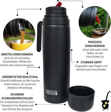 Термос для мате Yerba Mate з нержавіючої сталі, 1 л, ізольований, з ручкою та гвинтовою кришкою, для гарячих і холодних напоїв