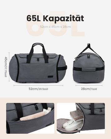 Спортивна сумка LOVEVOOK для чоловіків з відділенням для взуття, 65L, сіро-чорна.  Чоловіча сумка для спортзал, подорожі, ручна поклажа, 52x45x28 см.