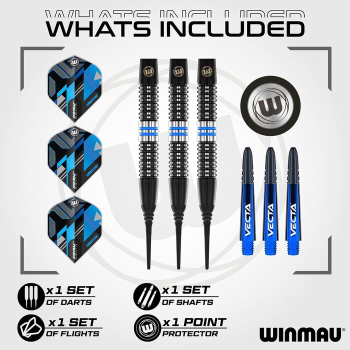 Дартс набір WINMAU Galactics 90% вольфрам, професійний, 18г Soft Tip, 24г/26г Steel Tip, з крилами та стрижнями