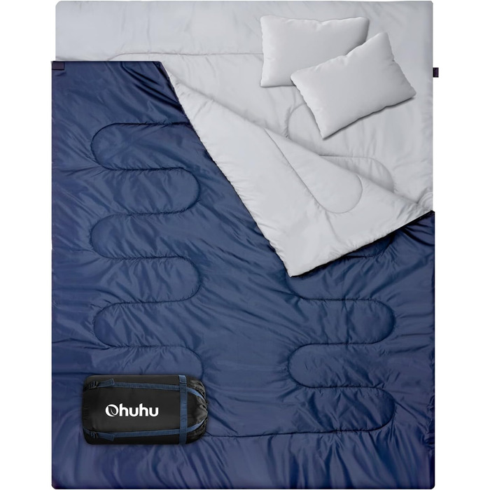 Спальний мішок Ohuhu для двох осіб, 220x150 см, блакитний - для кемпінгу, подорожей, сімейного відпочинку та фестивалів