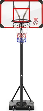 Баскетбольний кошик Outdoor з підставкою, регульована висота 147-260 см, ударостійка задня стінка 82x53 см, збільшений діаметр та колеса, для гри в приміщенні та на вулиці, червоний
