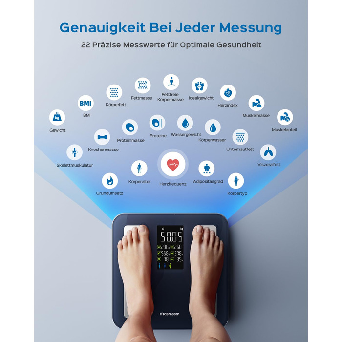 Ваги підлогові цифрові 8-в-1 Bluetooth Personenwaage: аналіз тіла, BMI, відсоток жиру, пульс, iOS/Android, до 180 кг