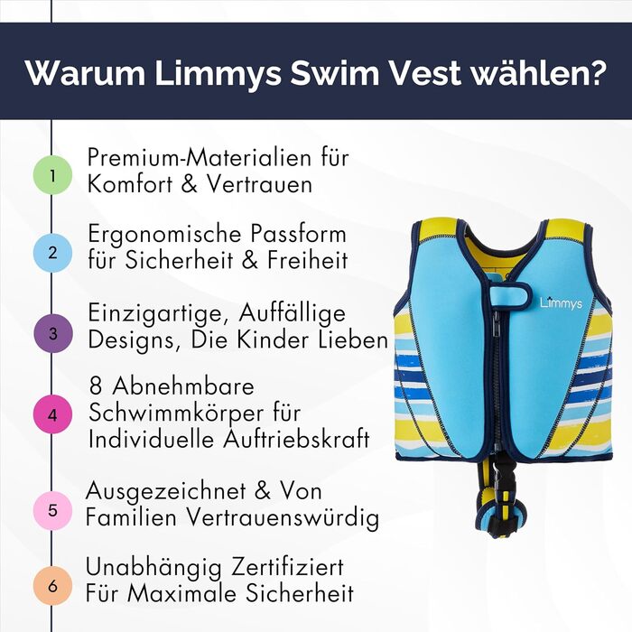 Плитка для плавання Liys Schwiweste для дітей - допоміг для плавання з регульованою плавучістю, сертифікат CE, переможець тесту на Vergleich.de, м'який неопреновий комір, безпечне та надійне виконання, з сумкою для перенесення (L, блакитний)