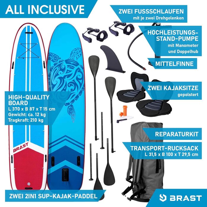 Надувна SUP-дошка BRAST Family 370x87x15 см, комплект XXL до 210 кг, з аксесуарами, 2 сидіння для каяка, 2 весла, насос, рюкзак