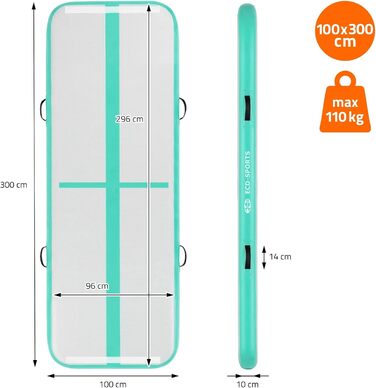 Надувний гімнастичний мат Airtrack ECD Germany для тамблінгу та фітнесу, 300 x 100 x 10 см, м'ятно-зелений (з електричним насосом та сумкою)
