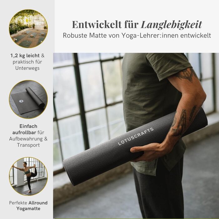 Килимок для йоги Lotuscrafts® з нековзким покриттям, 183 x 61 x 0,5 см, легкий фітнес-килимок для гімнастики та спорту, екологічний та безпечний