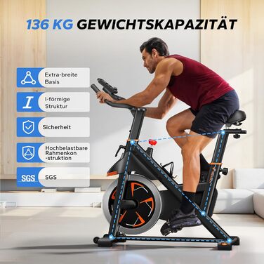 Велотренажер MERACH з магнітним опором, тихий, з амортизованим сидінням, LED-монітором та власним додатком для кардіотренувань вдома, помаранчевий