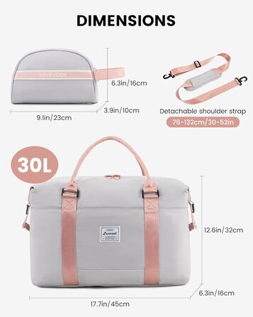 Спортивна сумка LOVEVOOK для жінок: водонепроникна дорожня сумка-мішок, 30L, сіра + рожевий ремінець