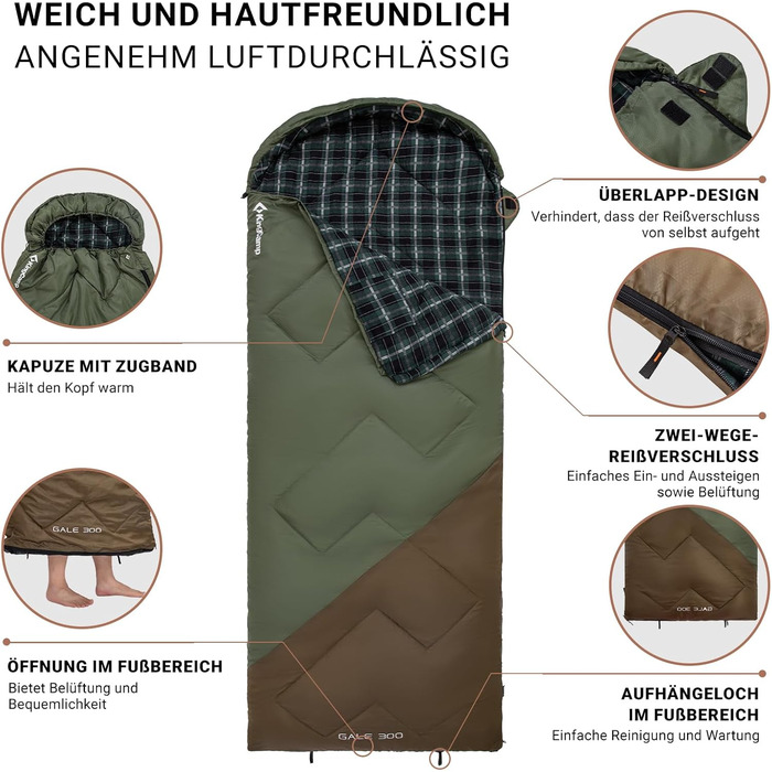 Сплячий мішок KingCamp Flannel для дорослих, 3-4 сезони, ультралегкий, бавовна, теплий, ковдровий, водонепроникний, для кемпінгу (зелений/коричневий, L, блискавка)