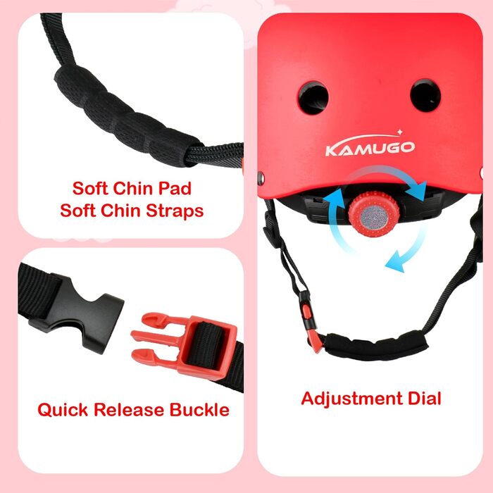 Дитячий шолом KAMUGO для ролерів та велосипеда, 2-8 років, з захистом колін, ліктів та зап'ясть (червоний)