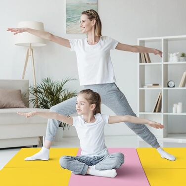 Складаний гімнастичний мат KOMFOTTEU 180x60x5 см, товстий м'який мат для фітнесу йоги з ременем для перенесення, нековзний, жовтий + рожевий
