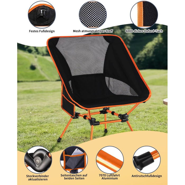 Складний туристичний стілець для кемпінгу з сіткою та кишенями, вантажопідйомність 150 кг, оранжевий