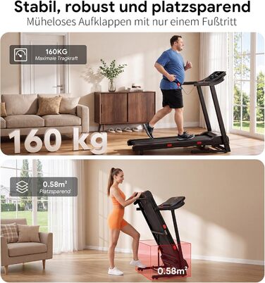 Бігова доріжка для дому складана з автоматичним нахилом 15%, Walking Pad 14 км/год, 3.0 к.с., 12 програм тренувань, фітнес-додаток, макс. навантаження 160 кг, чорна
