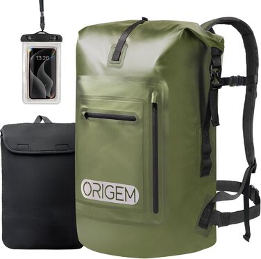 Водонепроникний рюкзак Origem 35/85L Rolltop, 55L, Dry Bag з відділенням для ноутбука, для каякінгу, риболовлі, рафтингу, дайвінгу та повсякденного використання (армійний зелений)
